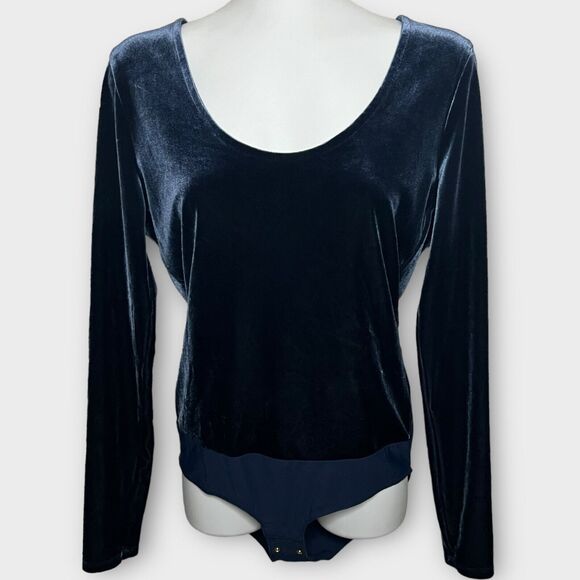J. Crew Jeans Dark Blue Velvet Long Sleeve Snap Gusset One Piece Bodysuit Size M - Picture 1 of 13